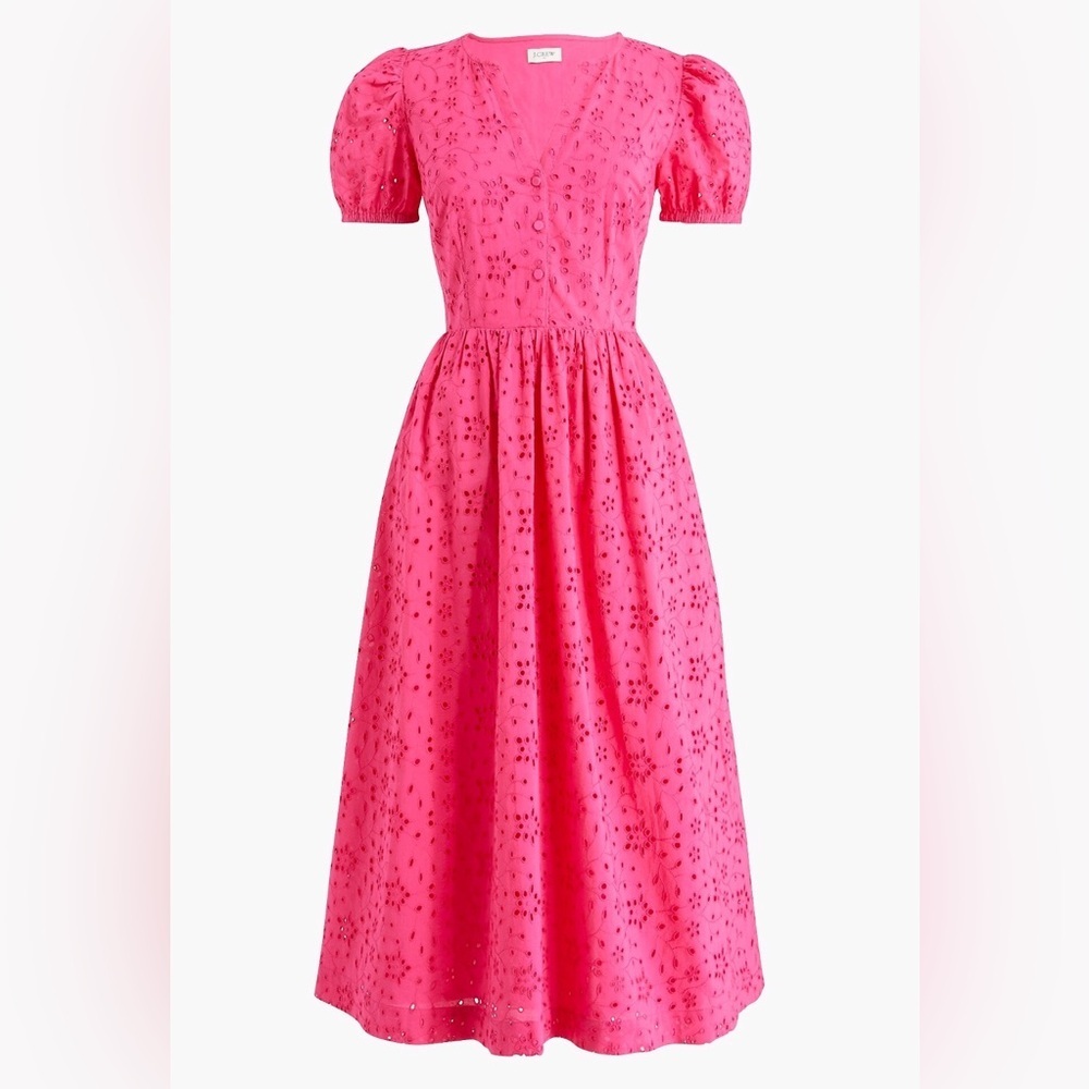Nwt! J. Crew Vibrant Pink Eyelet Puff-Sleeve Dress Size 10 Petite